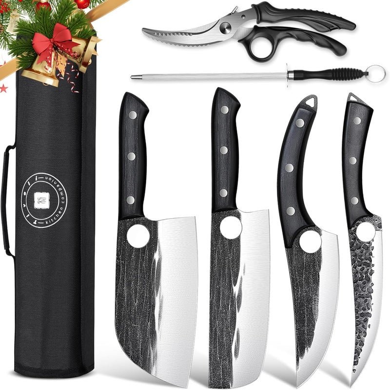 Tivoli Professional Butcher Knife Set for Meat Processing, 7Pcs High Carbon Steel Hand Forged BBQ Knife Sets, Serbian Chef Knife Set with Ergonomic Handle for Kitchen Outdoor Cooking Christmas Gifts - Image 1